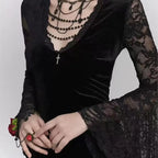 V-neck Irregular Flare Lace Midi Dress