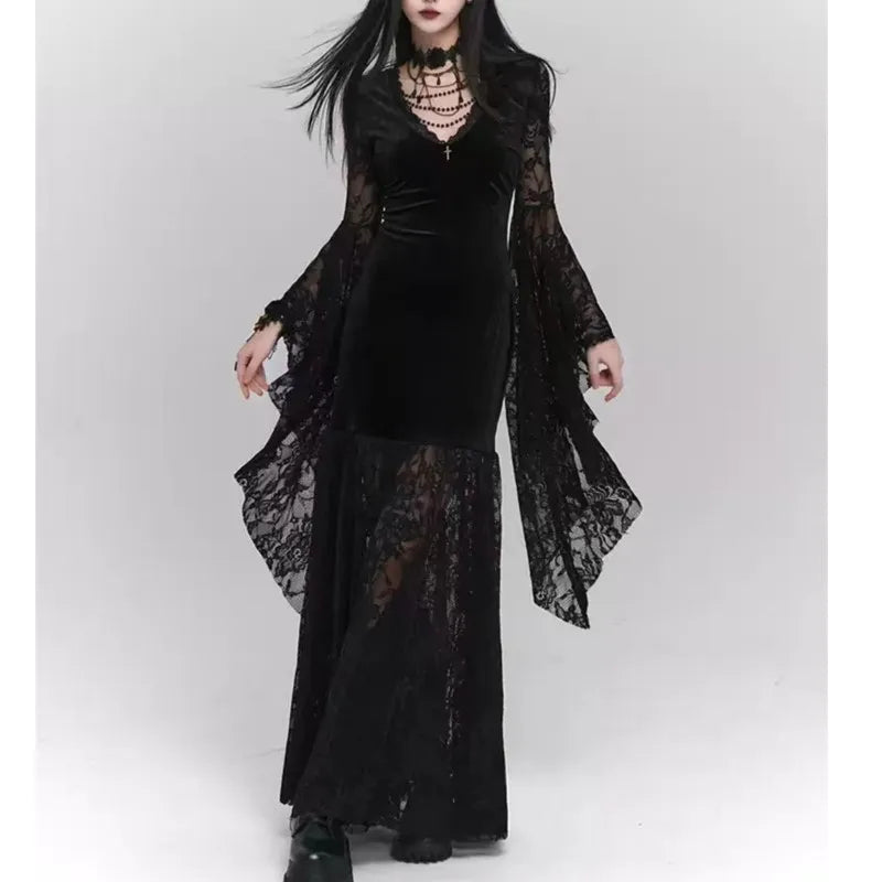 V-neck Irregular Flare Lace Midi Dress Main image