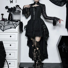 Strapless Lace Tuxedo High Low Midi Dress