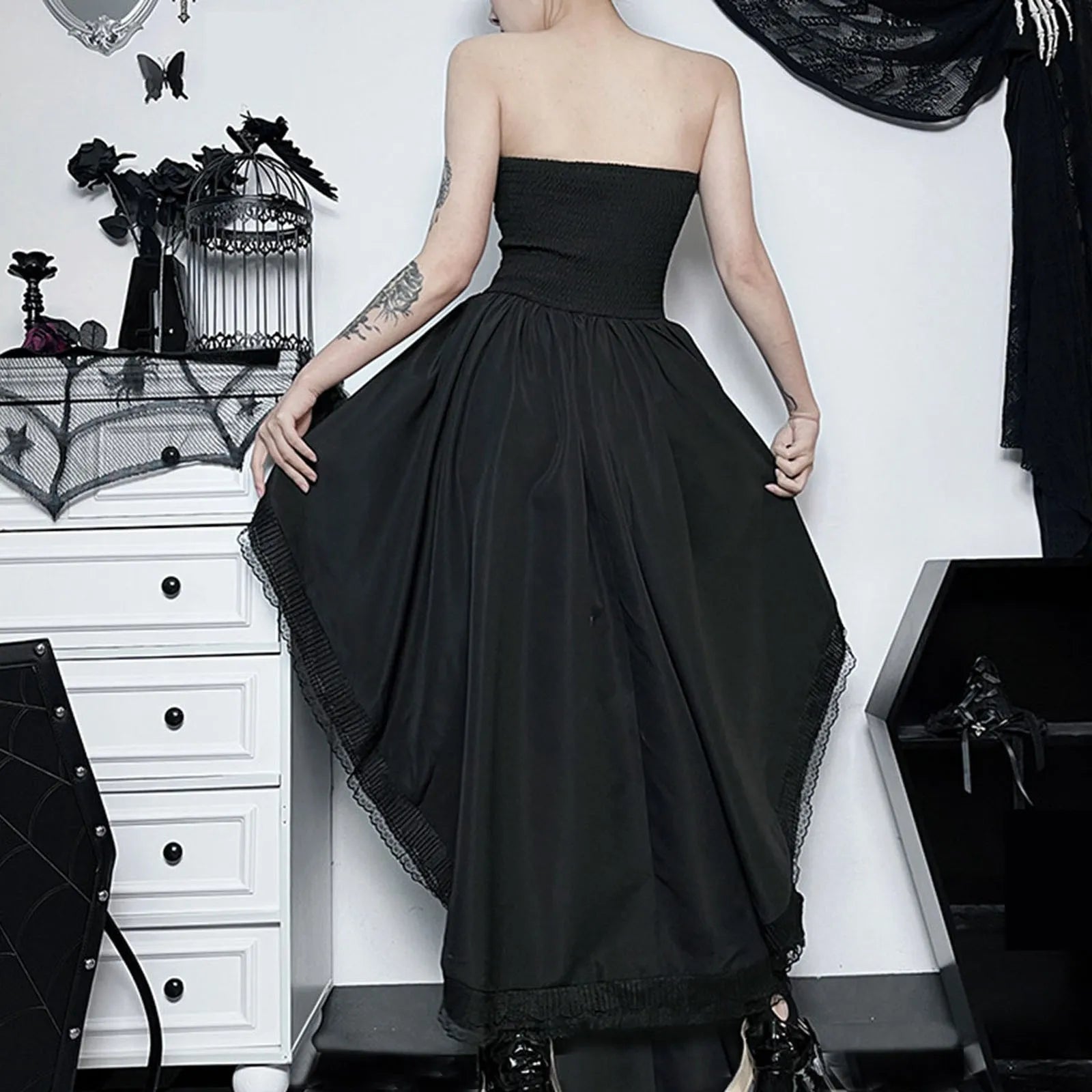 Strapless Lace Tuxedo High Low Midi Dress
