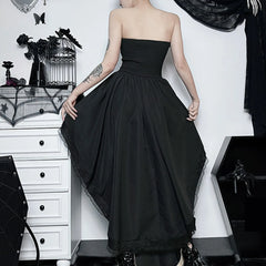 Strapless Lace Tuxedo High Low Midi Dress