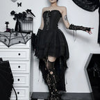 Strapless Lace Tuxedo High Low Midi Dress