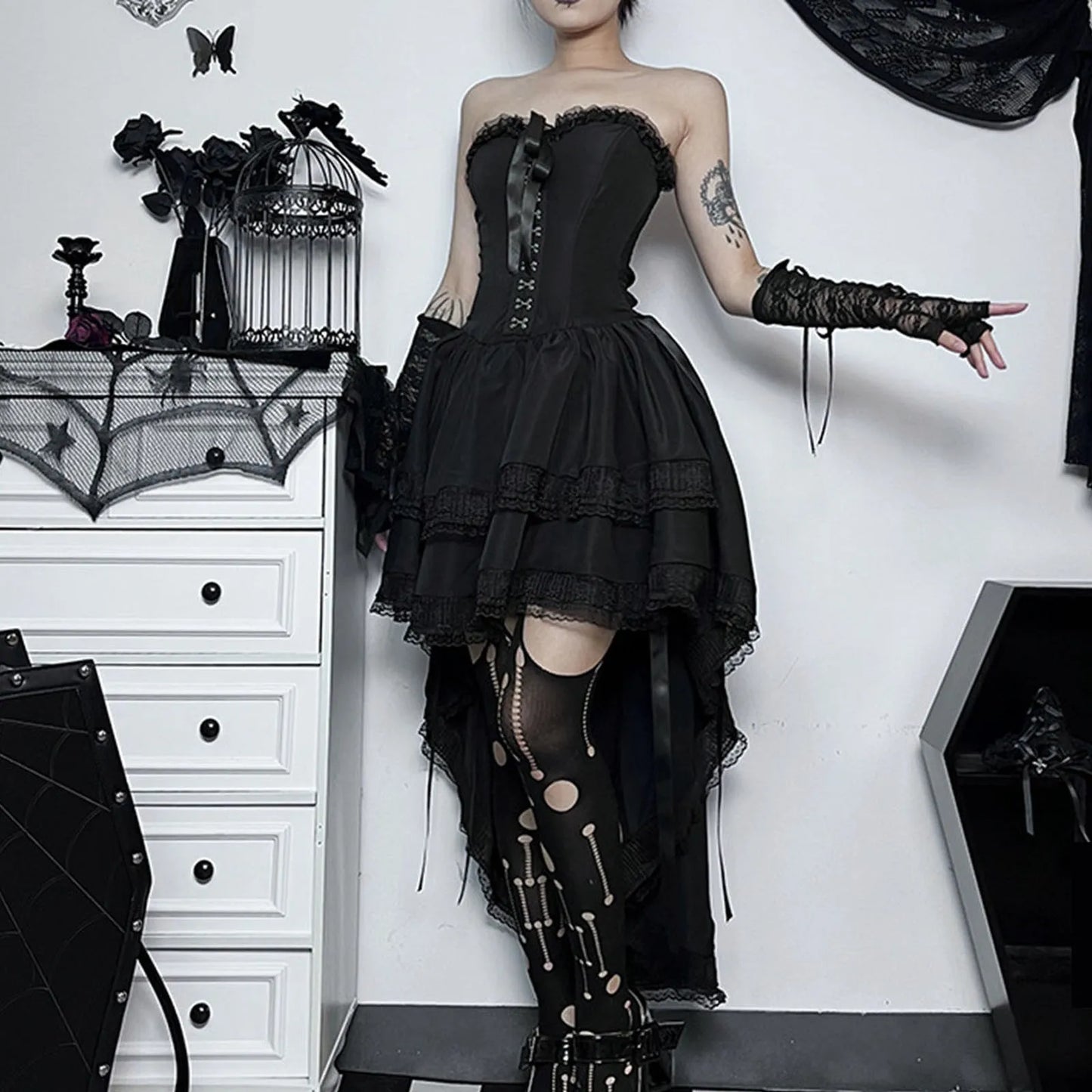 Strapless Lace Tuxedo High Low Midi Dress