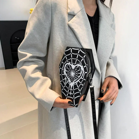 Gothic Coffin Small Spider Web Pu Leather Halloween Designer Bag