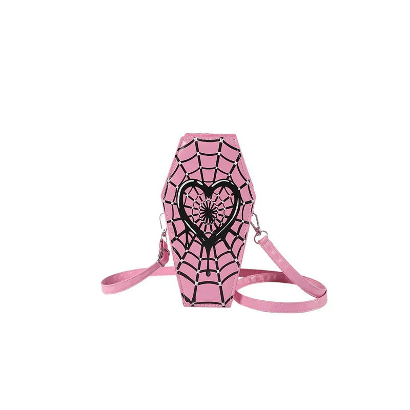 Gothic Coffin Spider Web Pu Leather Small Crossbody Halloween Shoulder Bag Pink