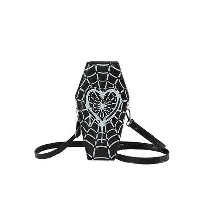 Gothic Coffin Small Spider Web Pu Leather Halloween Designer Bag Black