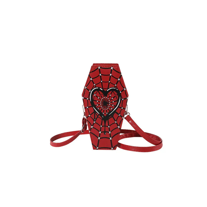 Gothic Coffin Small Spider Web Pu Leather Halloween Designer Bag Red