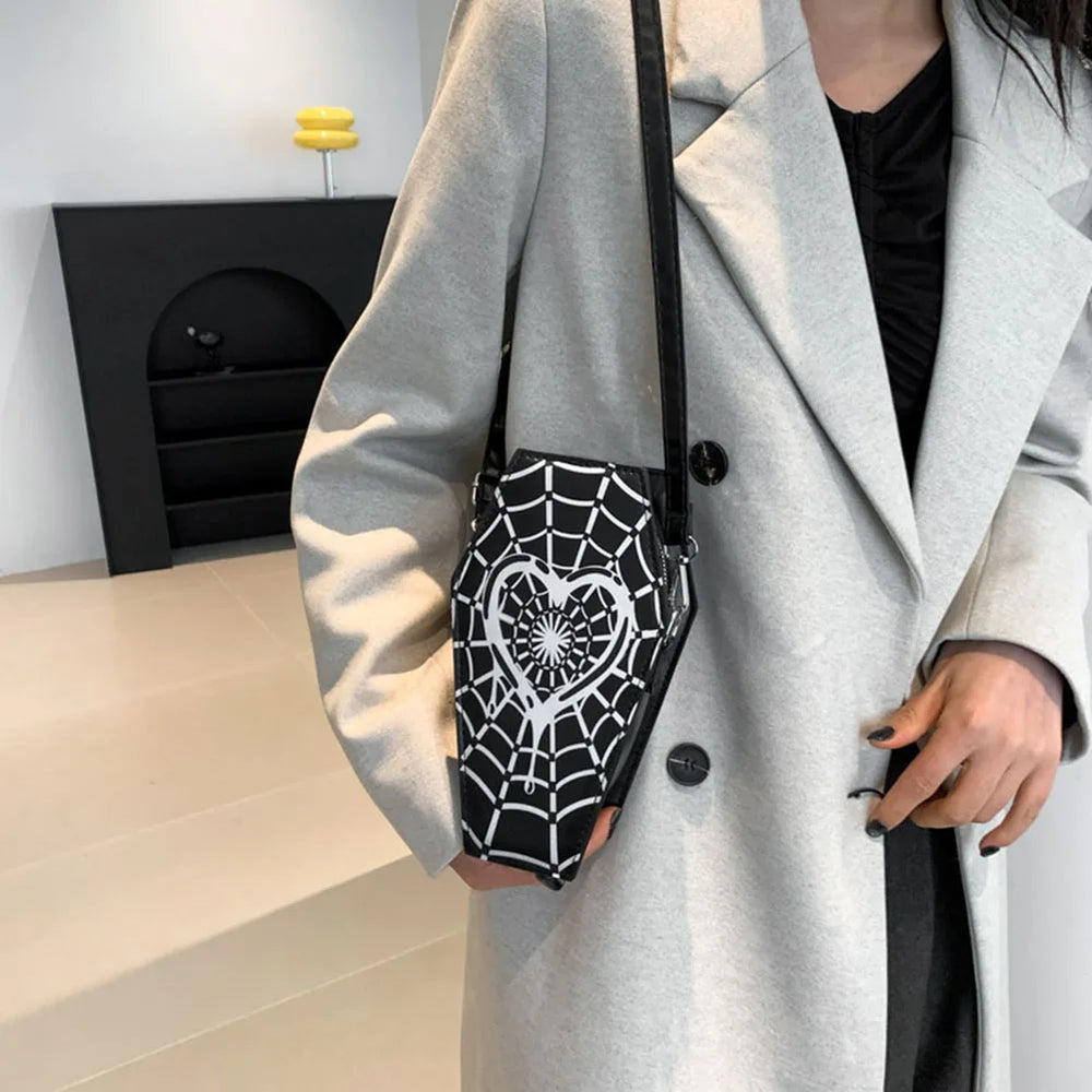 Gothic Coffin Small Spider Web Pu Leather Halloween Designer Bag