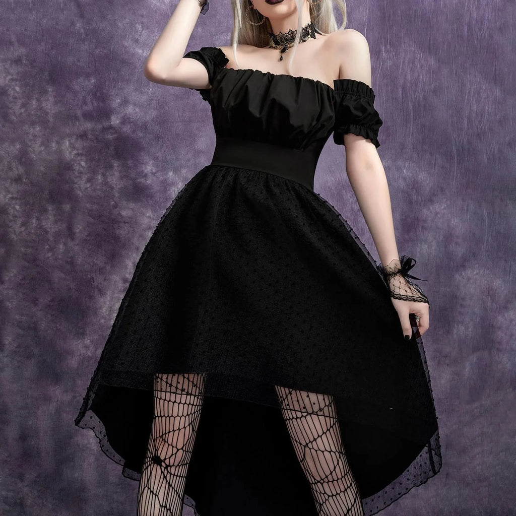 Off Shoulder Mesh Dovetail Midi Dress