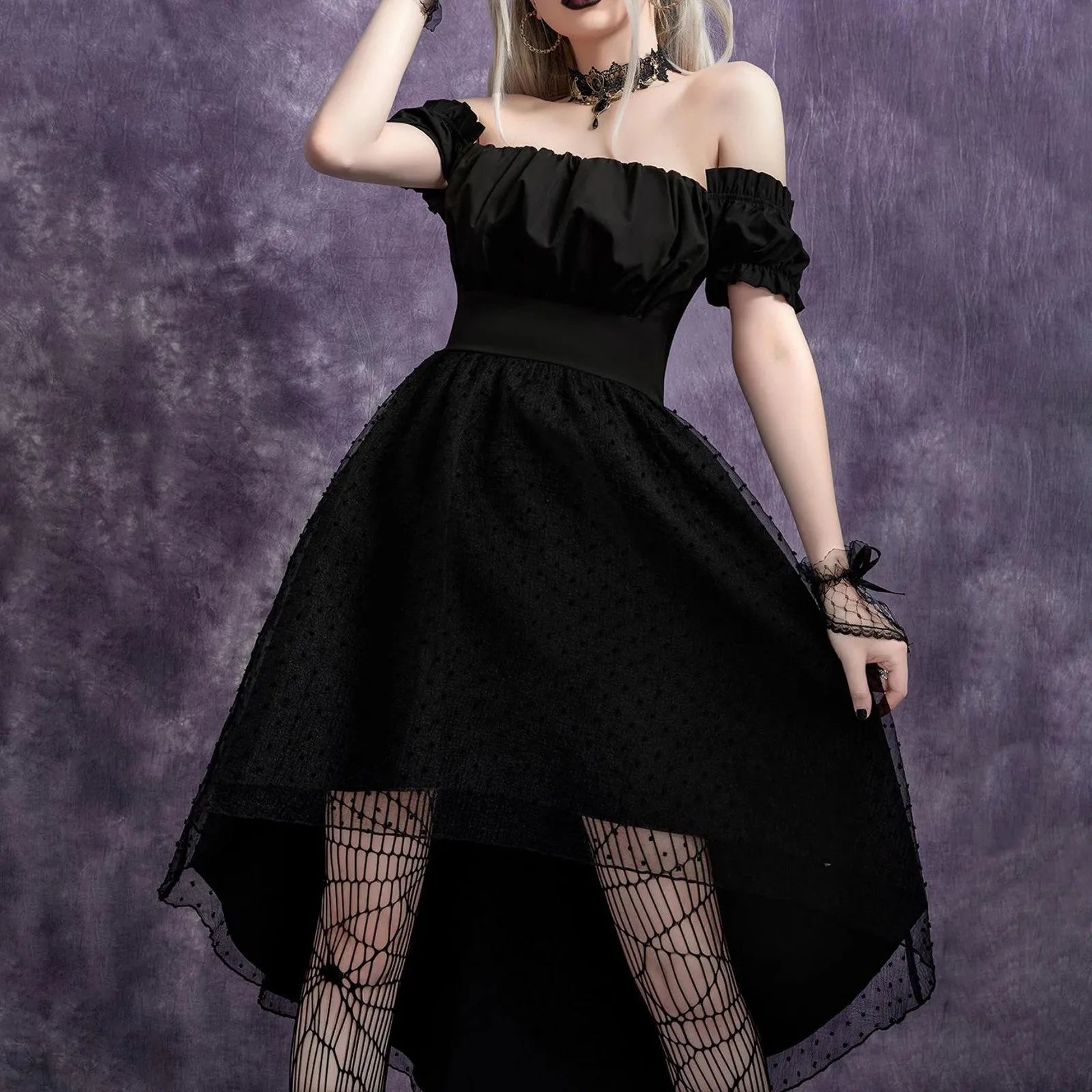 Off Shoulder Mesh Dovetail Midi Dress Main image