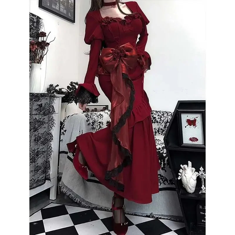 Retro Velvet High Waist Punk Midi Dress