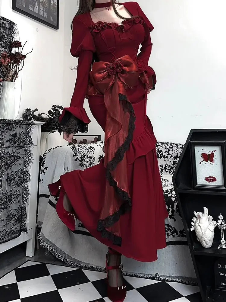 Retro Velvet High Waist Punk Midi Dress Main image