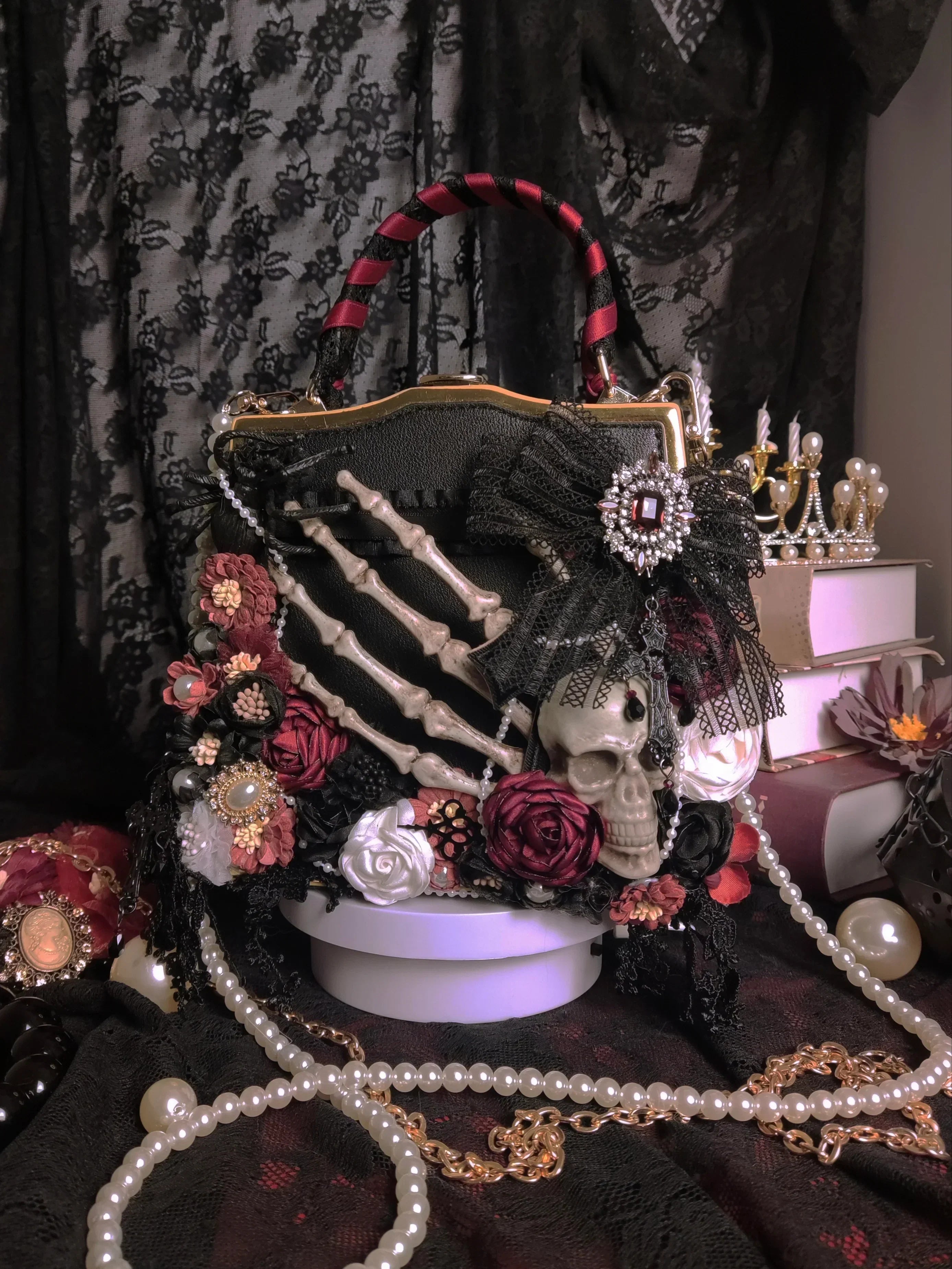 Vintage Punk Black Flower Shoulder Butterfly Skeleton Gothic Crossbody Bag Halloween Main image