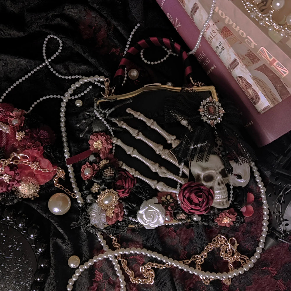 Vintage Punk Black Flower Shoulder Butterfly Skeleton Gothic Crossbody Bag Halloween