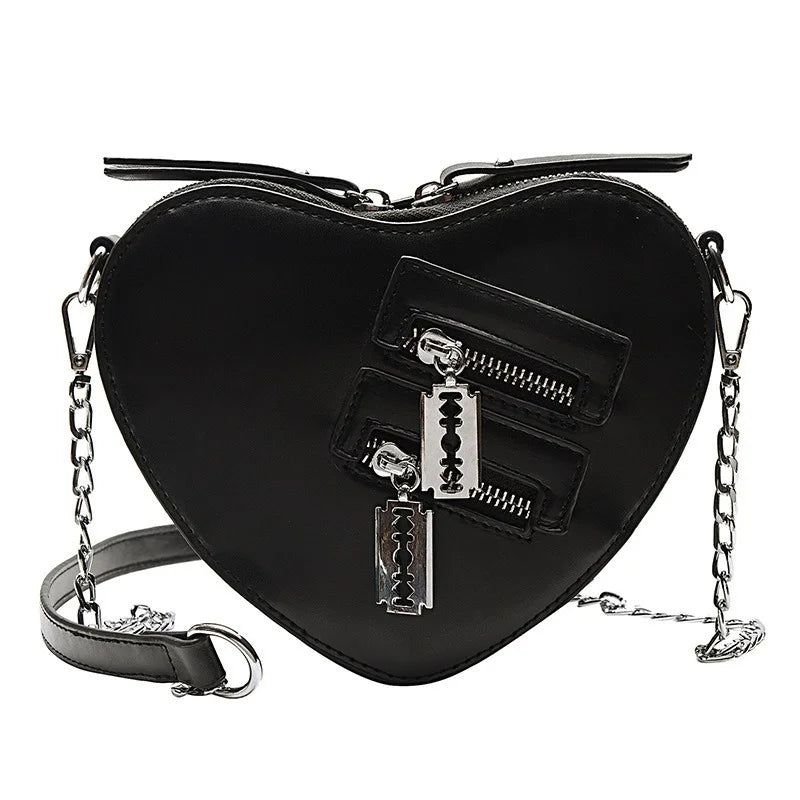 Gothic Heart Blade Zipper Chain Casual Summer Shoulder Handbag Crossbody Bag Black Halloween