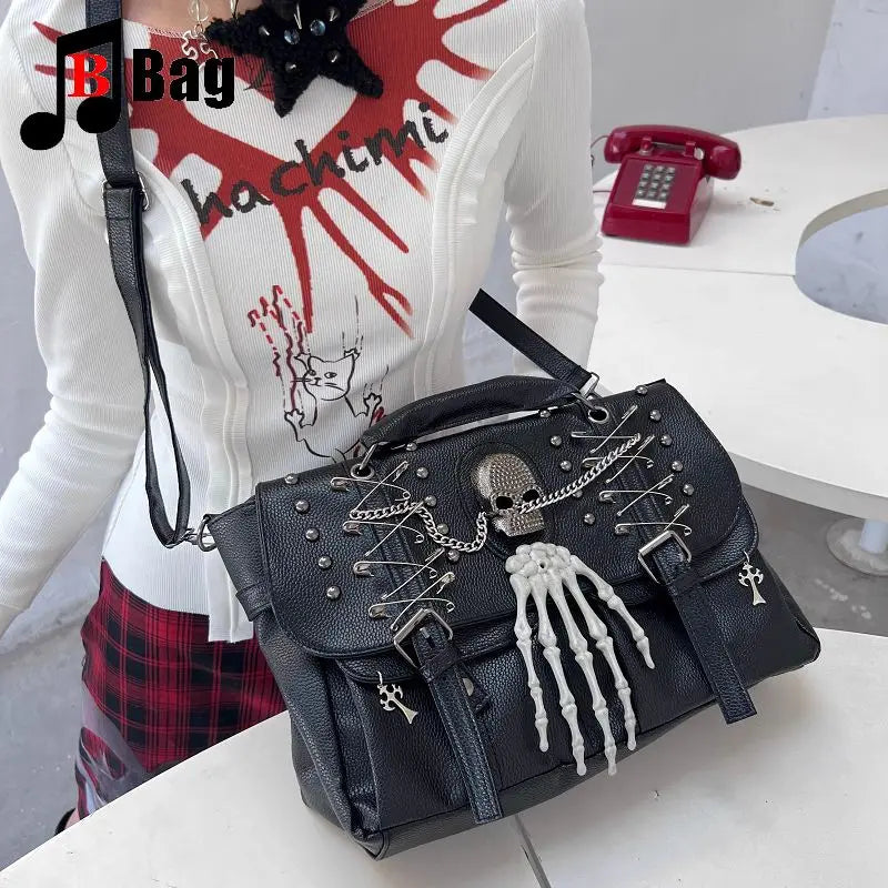 Gothic Lolita Harajuku Punk One Shoulder Y2K Rivet Chain Skull Bag Black Halloween