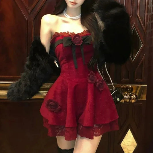 Red Rose Bow Mini Dress