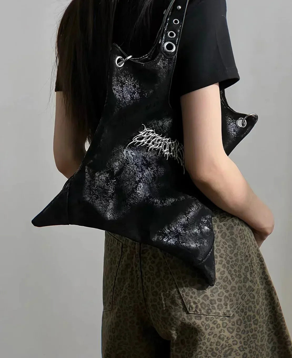 Grunge Black Gothic Dark Pu Leather Large Capacity Vintage Rivet Messenger Bag Halloween Main image