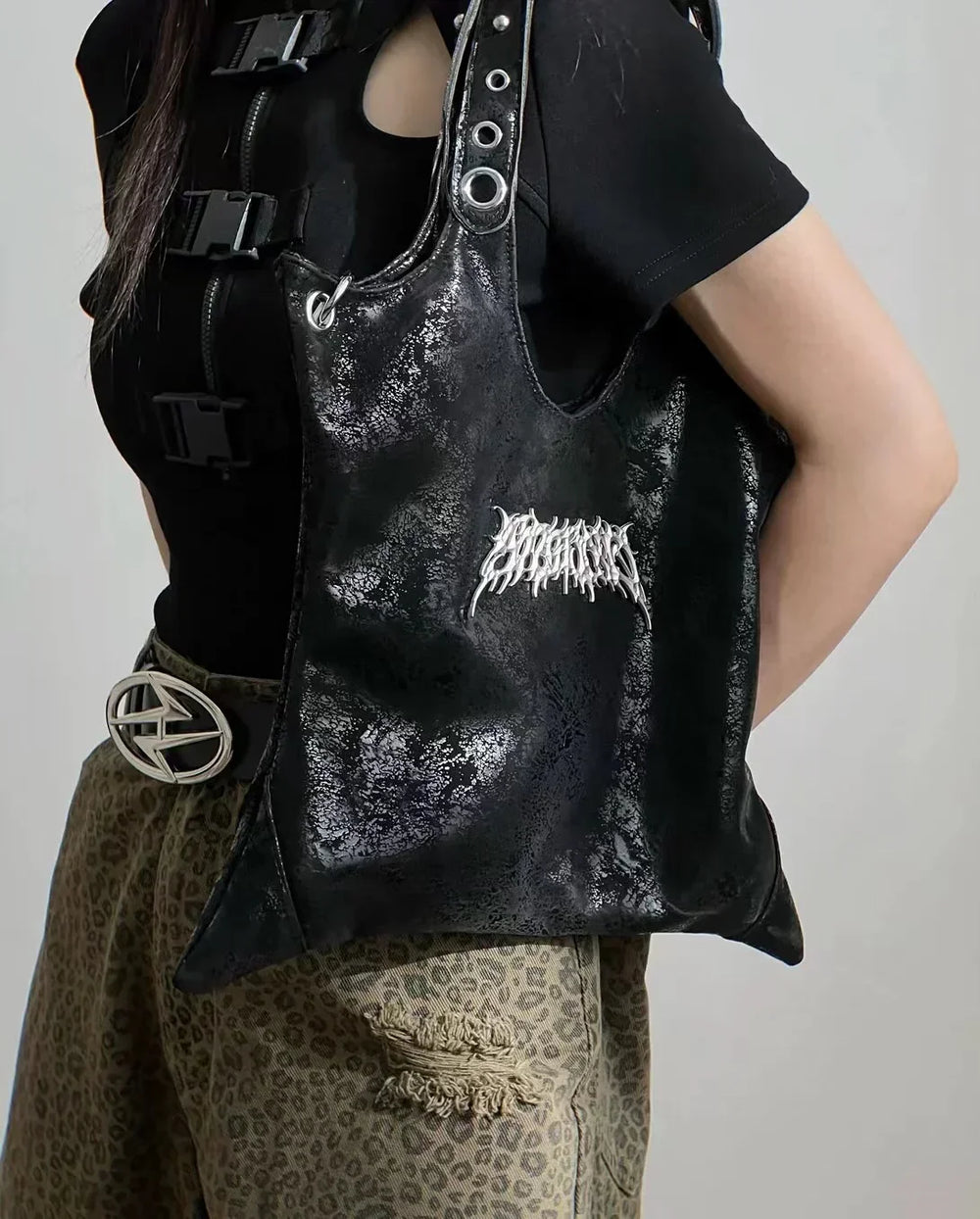 Grunge Black Gothic Dark Pu Leather Large Capacity Vintage Rivet Messenger Bag Halloween