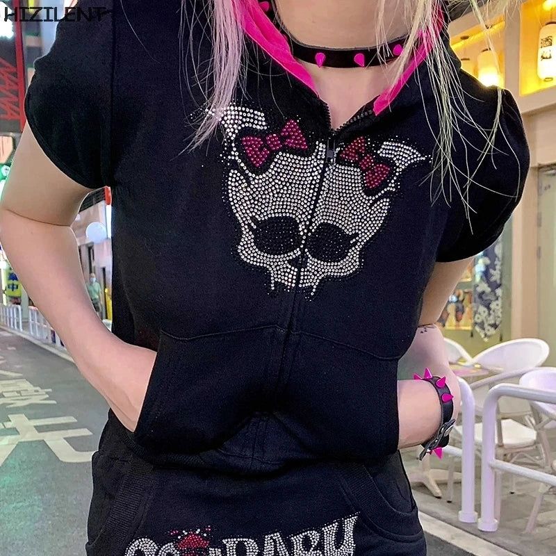 Gothic Rhinestone Skull Zip Hoodie Main image