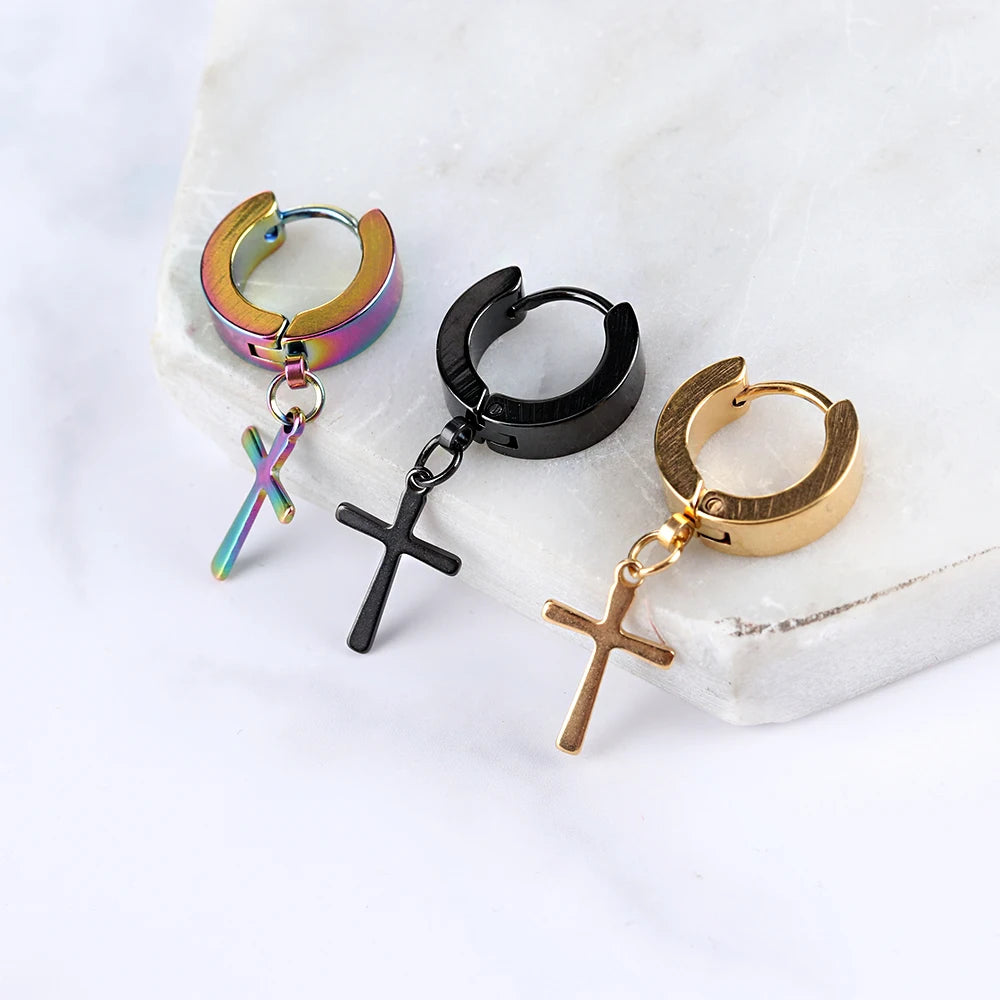 Men Punk Cross Stars Stainless Steel Earring
