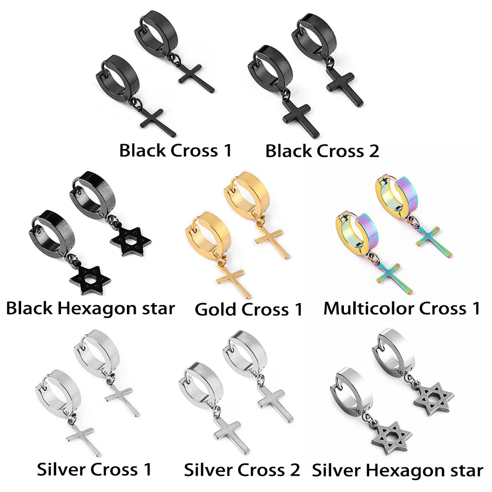 Men Punk Cross Stars Stainless Steel Earring