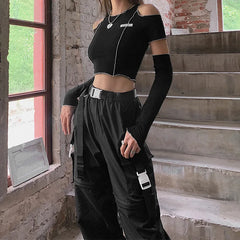 Patchwork Black One Shoulder Crop Top