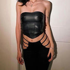 PU Leather Off Shoulder Bandage Crop Top