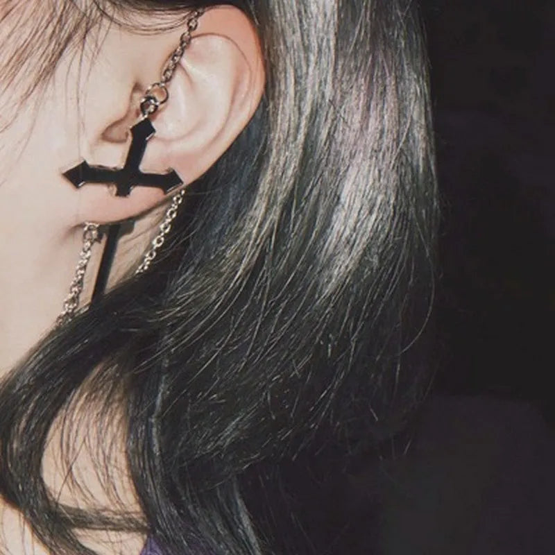 Y2K Goth Heart Cross Red Zircon Tassel Earring