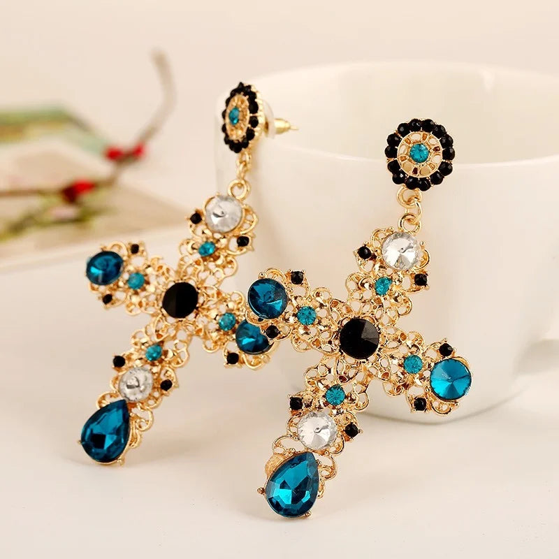Vintage Crystal Cross Baroque Drop Earring