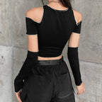 Patchwork Black One Shoulder Crop Top