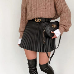 High Waist Pleated Faux Leather Skirt