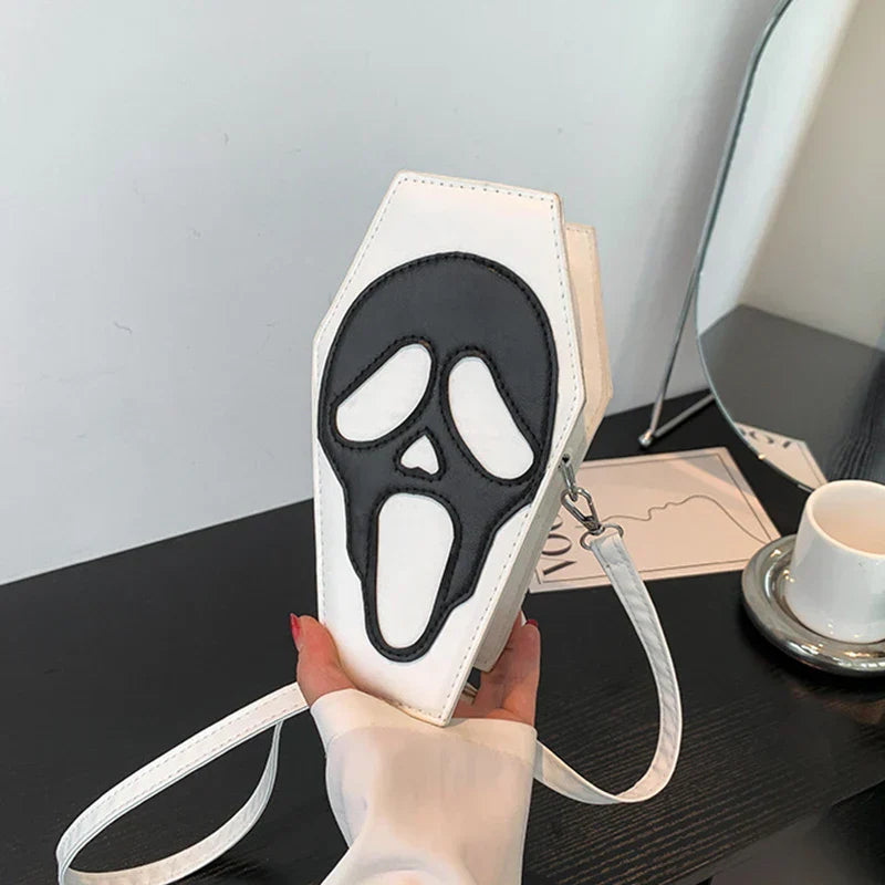 Halloween Novelty Coffin Shape Gothic Crossbody Phone Purse Tote Bag White