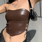 PU Leather Off Shoulder Bandage Crop Top