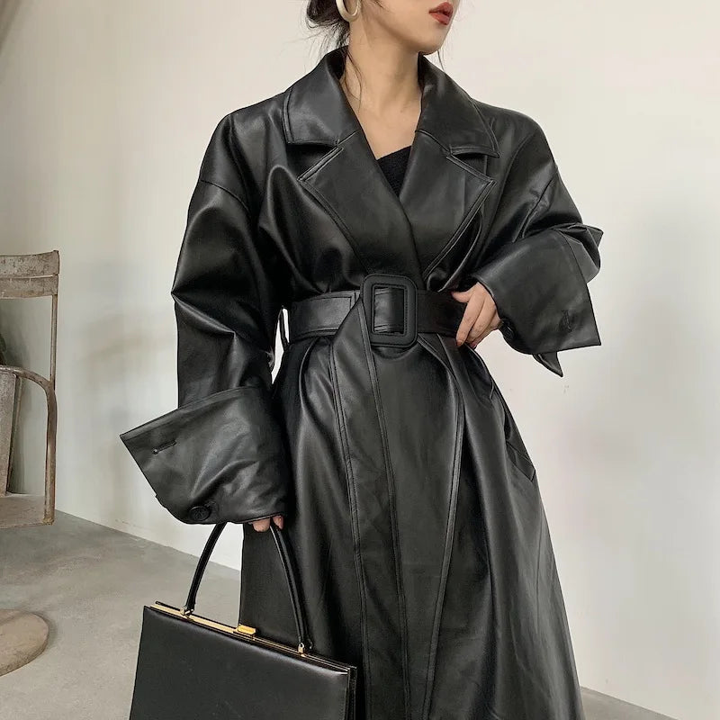 Oversized Lapel Leather Long Coat Main image