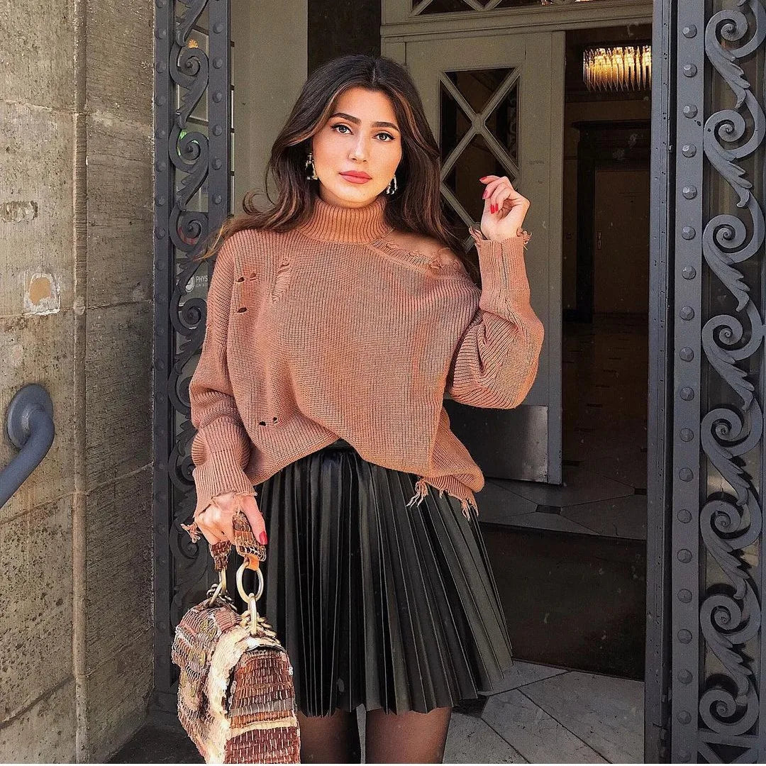 High Waist Pleated Faux Leather Skirt