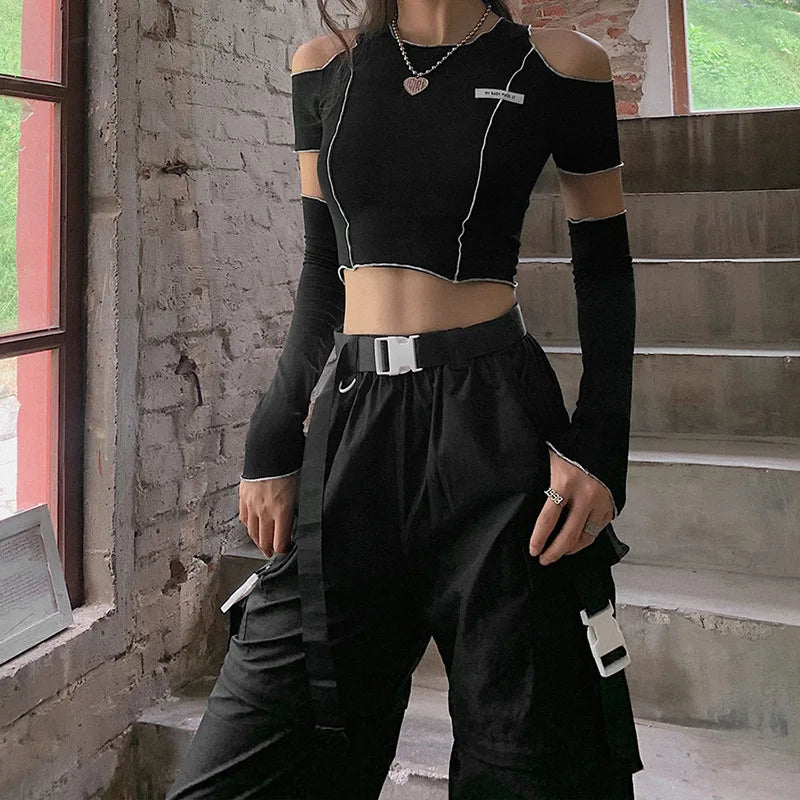Patchwork Black One Shoulder Crop Top Main image