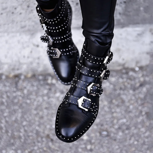 Rivets Buckle Gothic Designer Leather Ankle Boot
