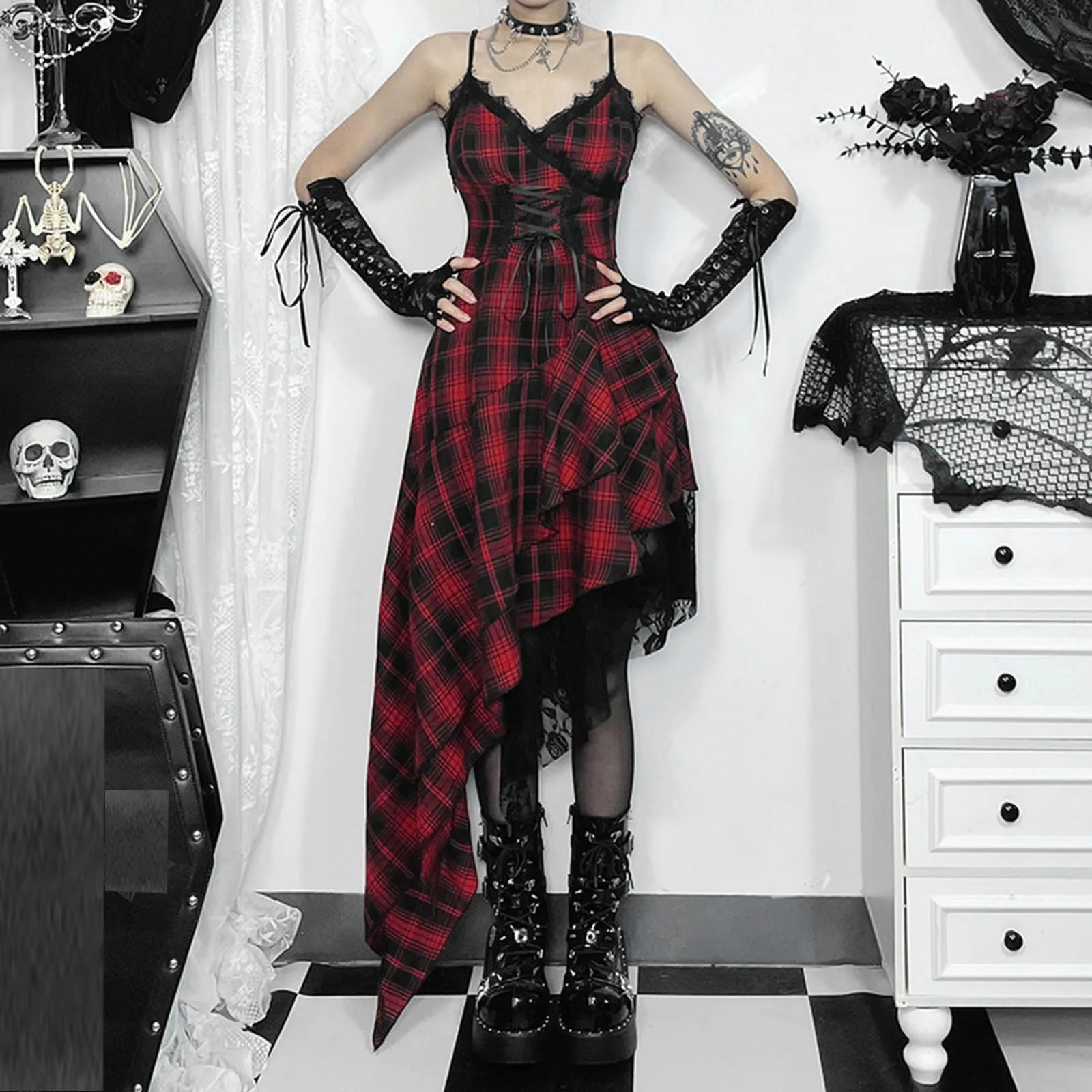 Plaid Suspender Punk Rock Midi Dress Main image