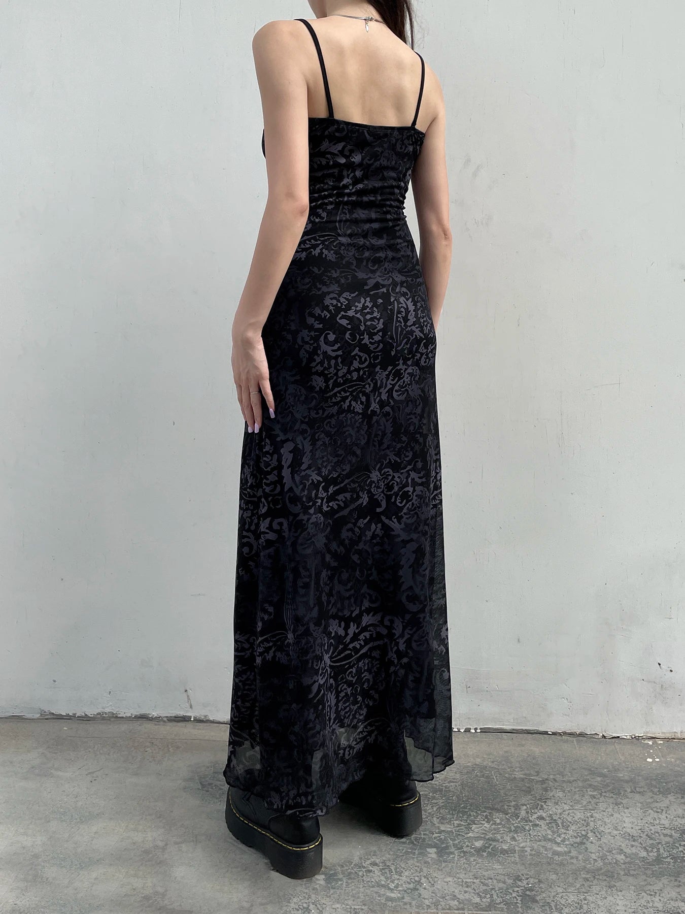 Printed Lace Trim Mesh Maxi Dress