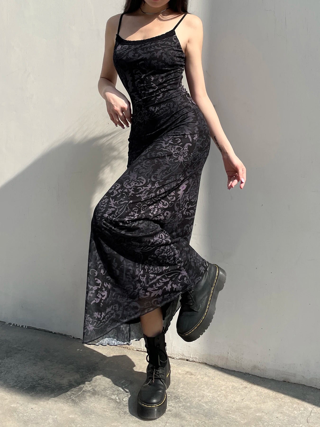 Printed Lace Trim Mesh Maxi Dress Main image