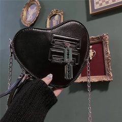 Gothic Heart Y2K Grunge High Street Pu Leather Harajuku Aesthetic Bag Black Halloween
