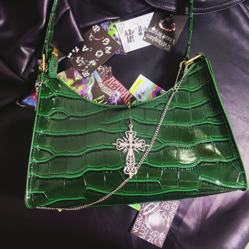 Punk Gothic Y2K High Street Cross Chains Crocodile Pattern Green Underarm Bag Halloween