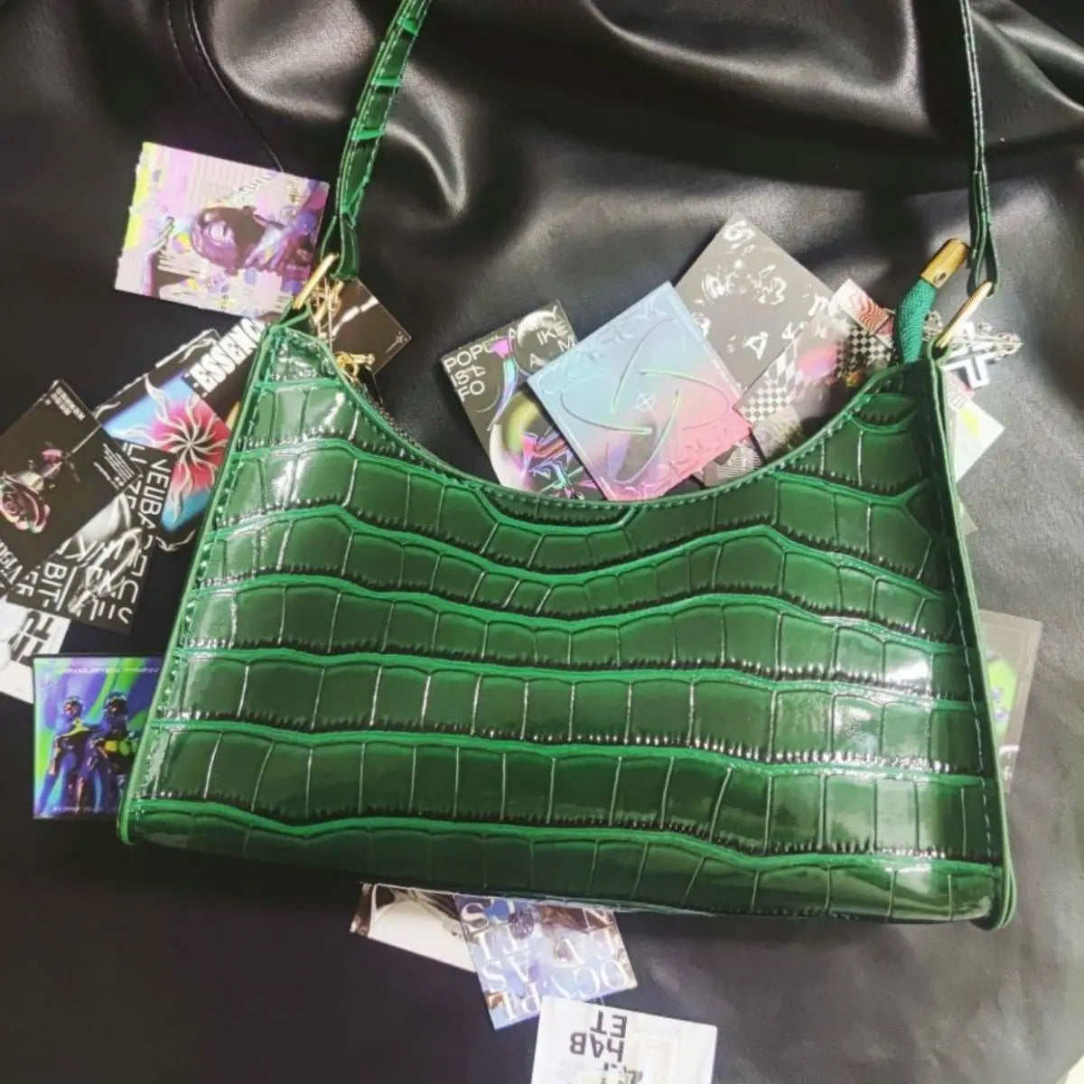 Punk Gothic Y2K High Street Cross Chains Crocodile Pattern Green Underarm Bag Halloween