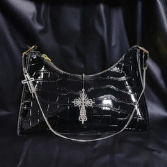 Punk Gothic Y2K High Street Cross Chains Crocodile Pattern Green Underarm Bag Black Halloween