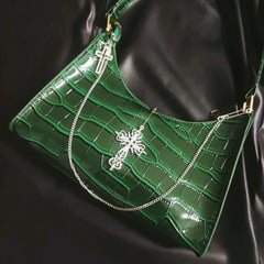 Punk Gothic Y2K High Street Cross Chains Crocodile Pattern Green Underarm Bag Halloween