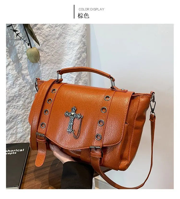 Retro Cross Black Messenger Gothic Dark Leather Casual Y2K Crossbody Shoulder Bag Brown Halloween