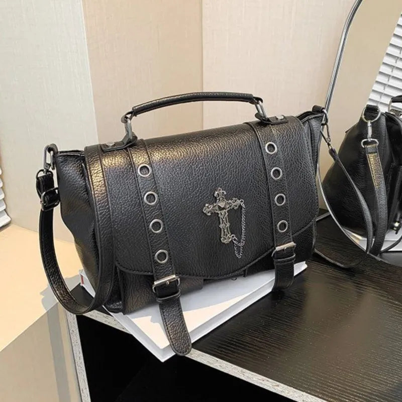 Retro Cross Black Messenger Gothic Dark Leather Casual Y2K Crossbody Shoulder Bag Halloween