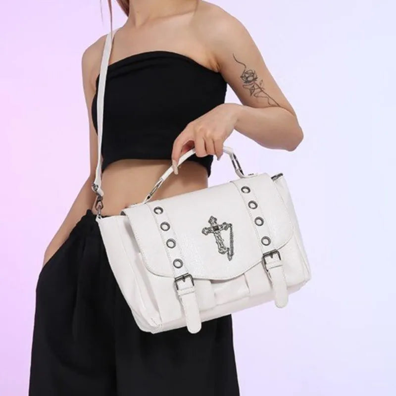 Retro Cross Black Messenger Gothic Dark Leather Casual Y2K Crossbody Shoulder Bag Halloween