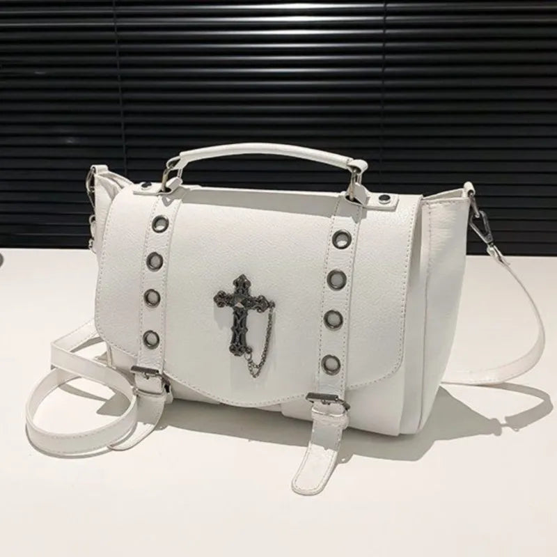 Retro Cross Black Messenger Gothic Dark Leather Casual Y2K Crossbody Shoulder Bag Halloween